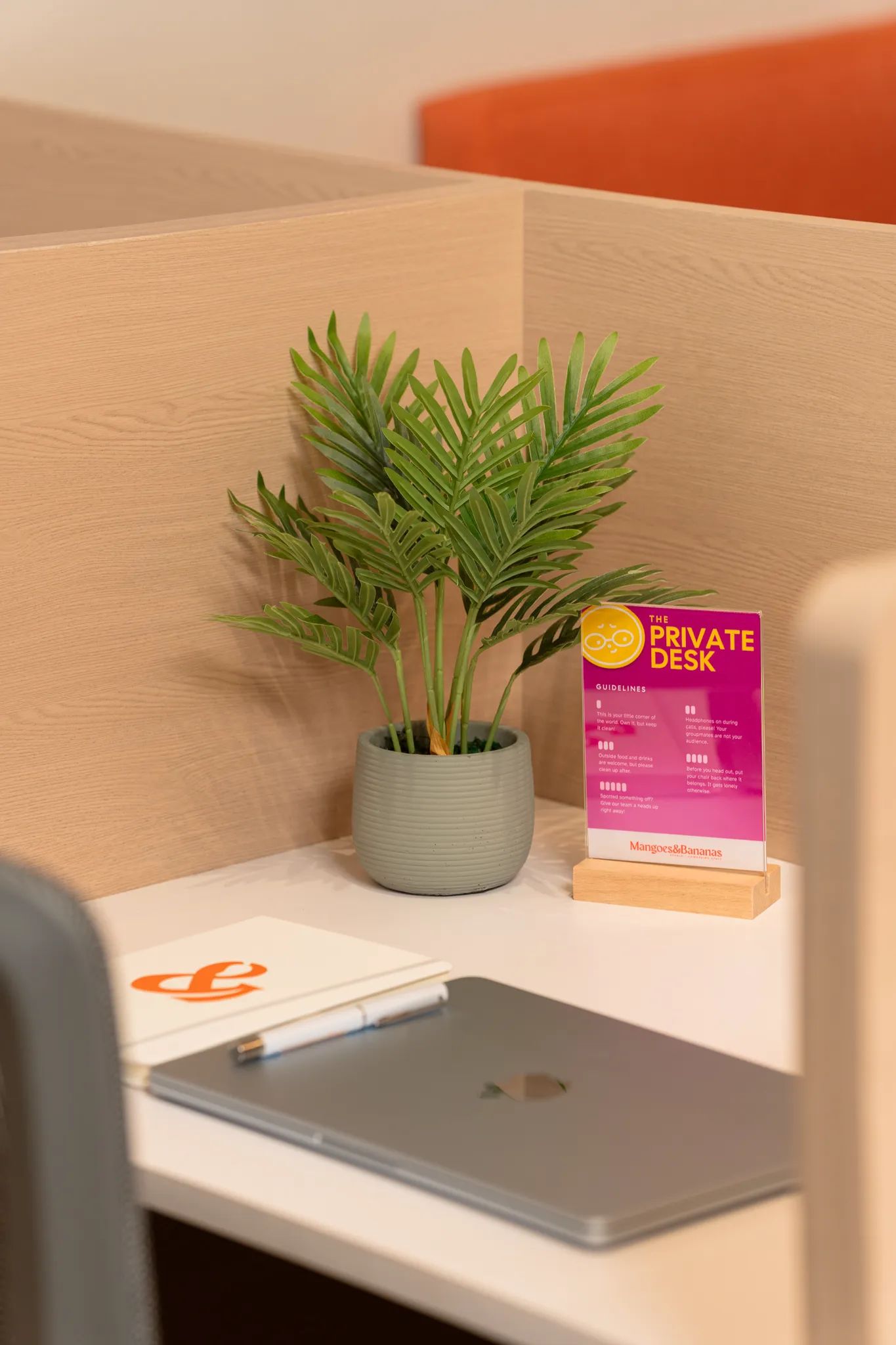 Private desk sign displayed beside a potted plant inside Mangoes and Bananas coworking space.