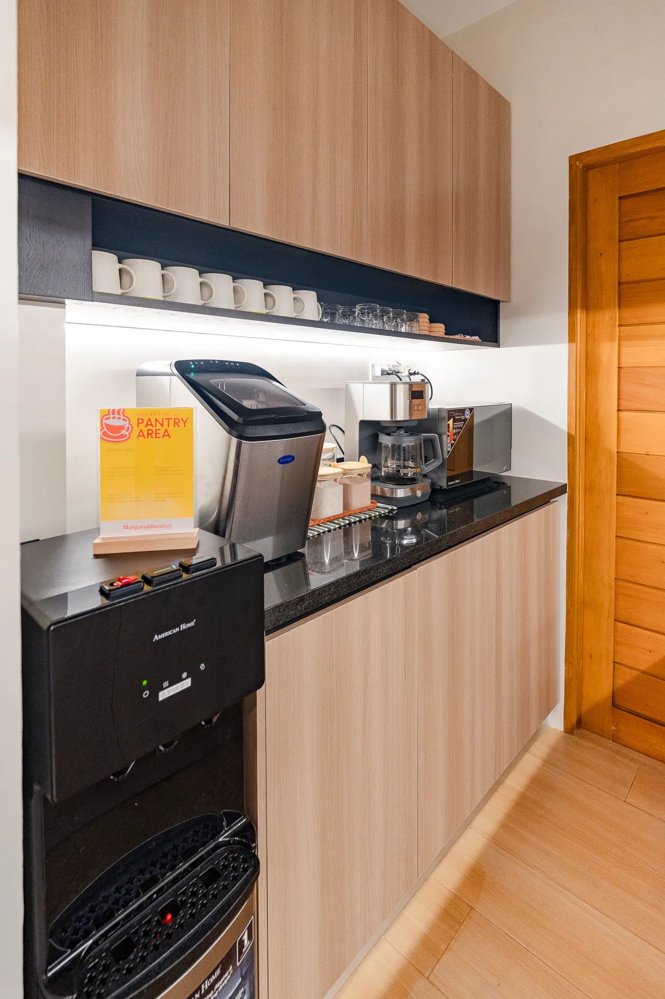 Pantry and coffee station inside Mangoes and Bananas coworking space.
